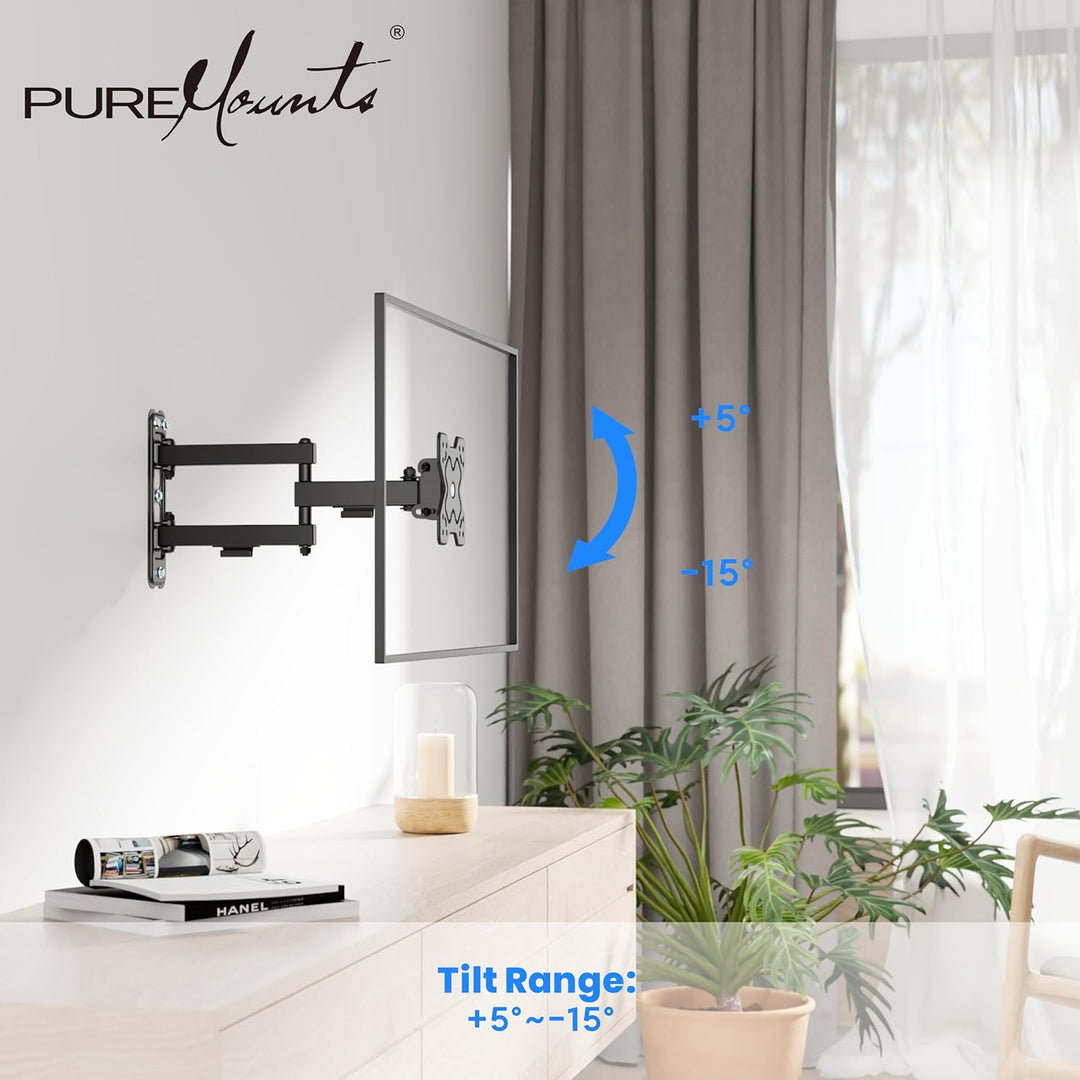 PureMounts TV Monitor Wandhalterung, neigbare und schwenkbare Universal Halterung mit Gelenk-Arm, ma