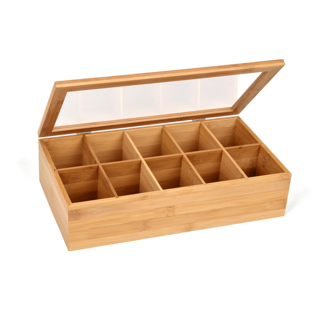 GRÄWE Teebox aus Bambus mit 10 Fächern, klappbarer Deckel, Sichtfenster, Teebeutelbox für aromagesch