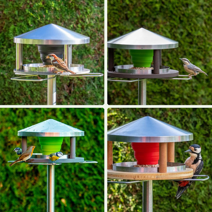 Vogelhaus mit Ständer wetterfest aus Edelstahl - Stabiles Vogelfutterhaus für draussen, modern aus M