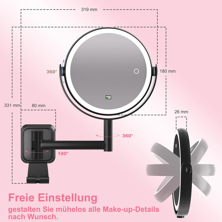 AIMAX Kosmetikspiegel mit Beleuchtung, 2000mAh Wiederaufladbarer Wandspiegel mit 1X &amp; 10X Vergrösser