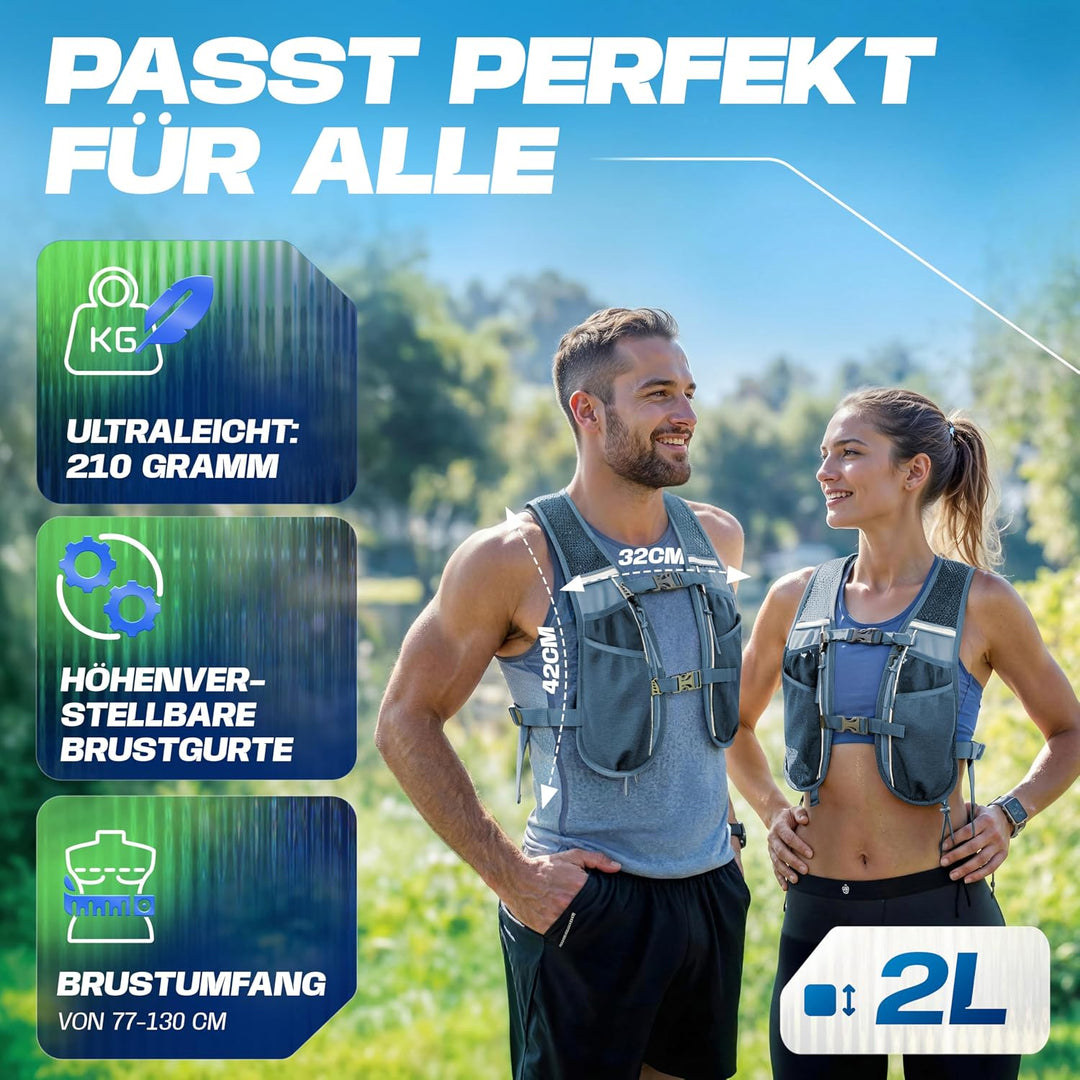 SASMO Laufweste Damen &amp; Herren mit Trinkflasche, 270g Ultraleicht | Trinkweste Laufen, Laufrucksack,