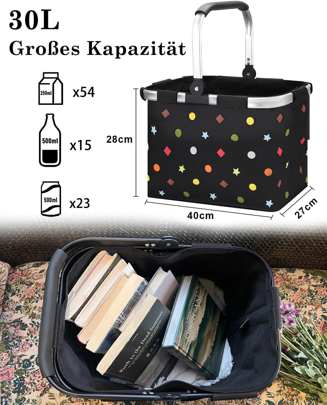 Diurwur®30L Einkaufskorb Stabiler Tragekorb Faltbar Einkaufstasch Gross Picknickkorb Klappkorb Reise