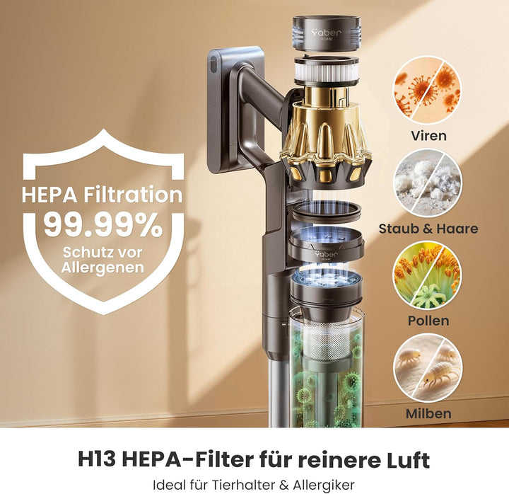HP20 Akku Staubsauger, TÜV Getestet 180AW, H13 HEPA, Grünes LED Braun &amp; Gold, Braun &amp; Gold