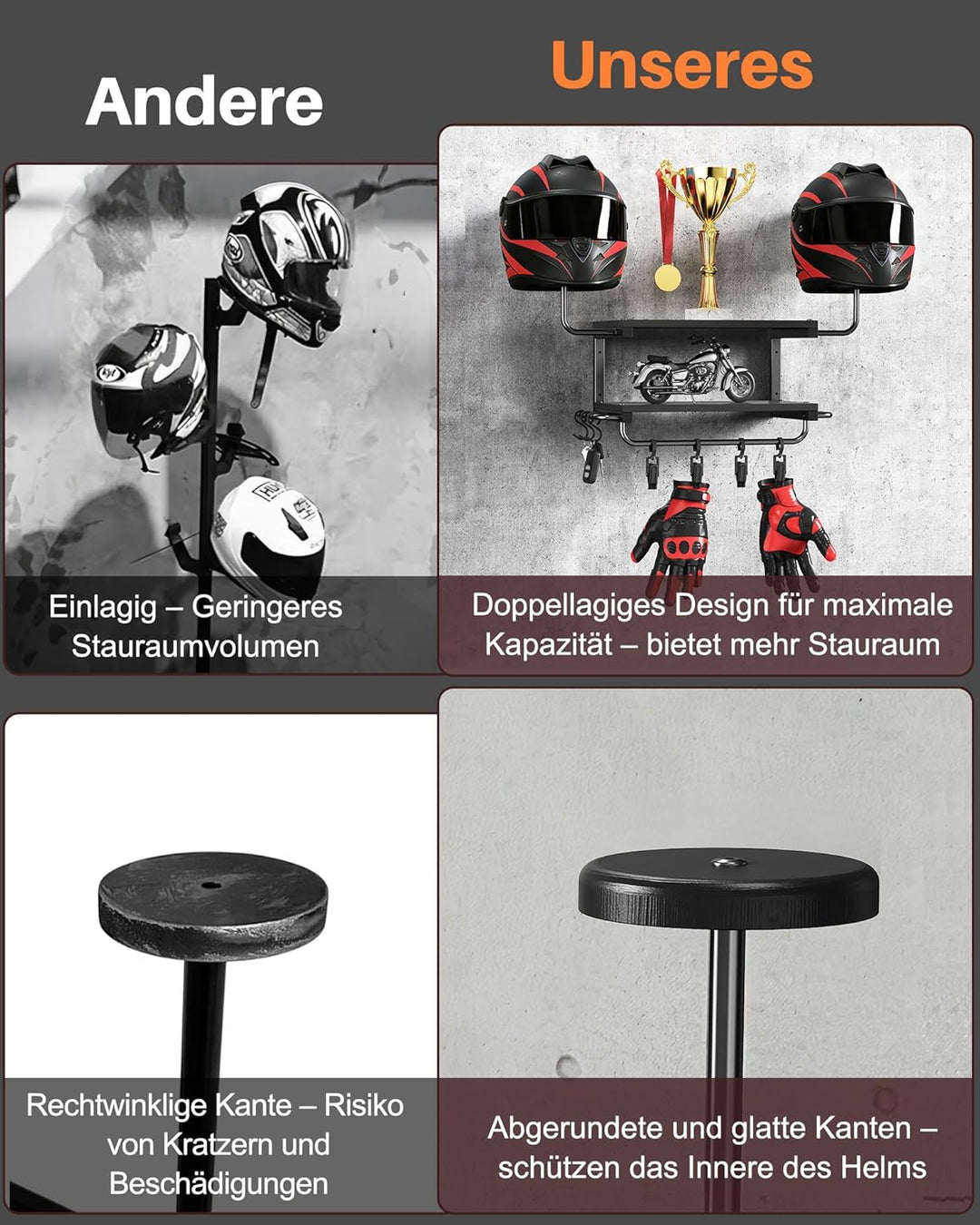 Motorradhelm Halterung Wand für 2 Helme, Motorrad Garderobe Wand mit Kleiderbügel und Haken, 30 kg T