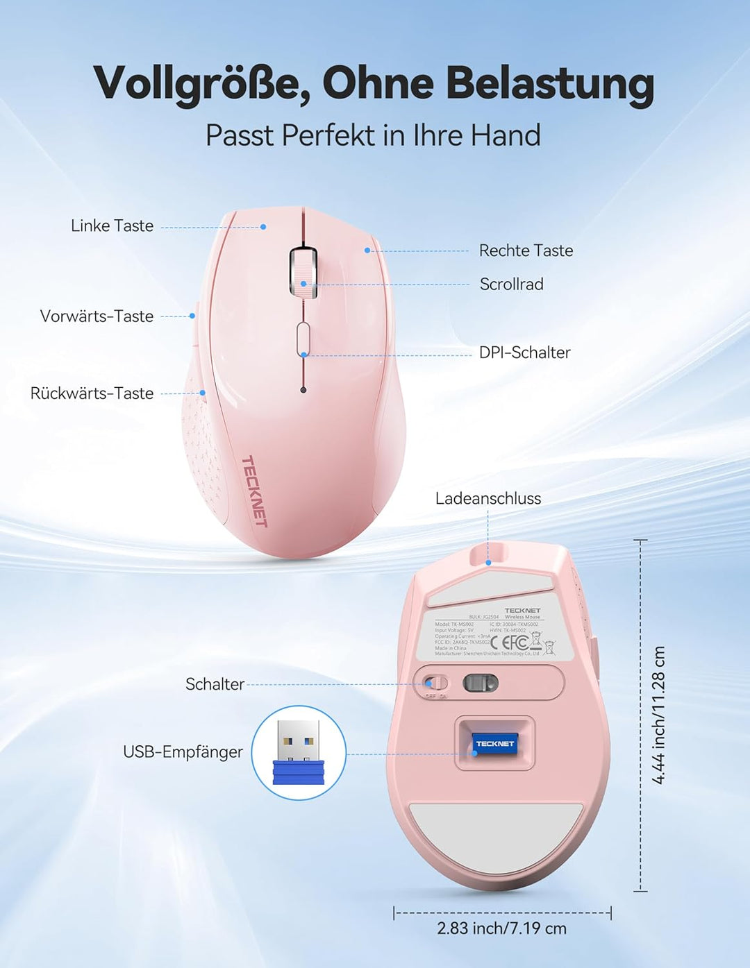 TECKNET PRO Kabellose Maus Wiederaufladbar, Silent Funkmaus 6400 DPI, 2,4 GHz Computermaus, Ergonomi