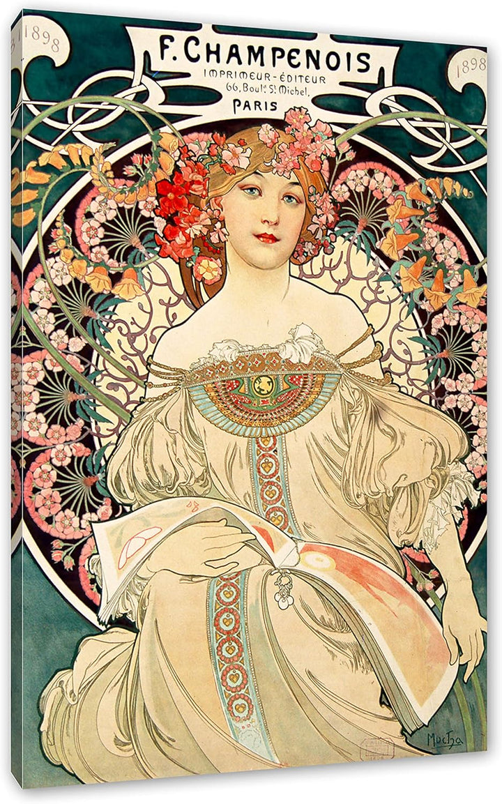 Alfons Mucha - Frau umringt von Blumen als Leinwandbild / Grösse: 100x70 cm / Wandbild / Kunstdruck