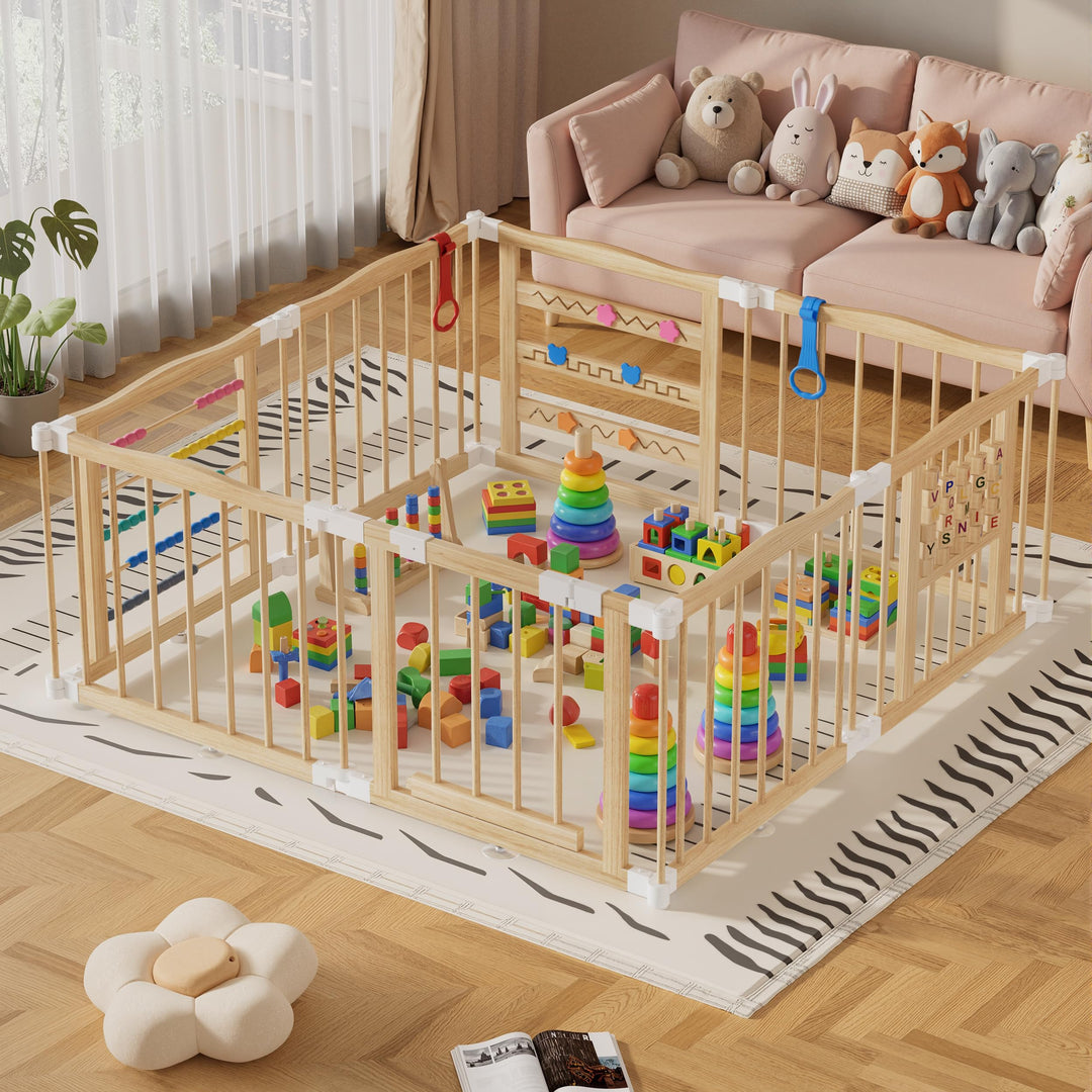 MSFE Laufstall Baby Faltbar Holz,8 Paneele Wooden Baby Playpen Verstellbare Multi-Shape & Grösse mit