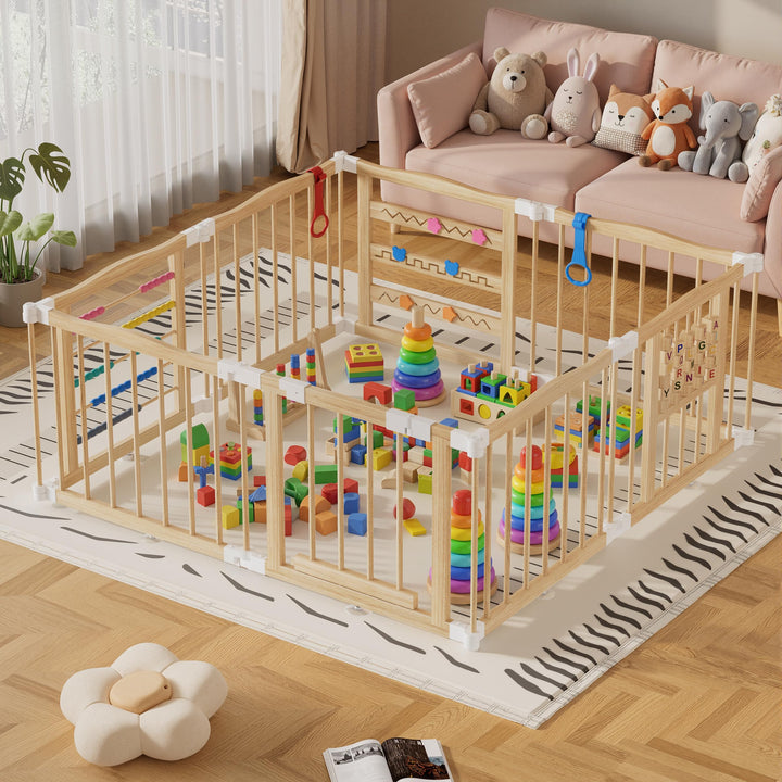 MSFE Laufstall Baby Faltbar Holz,8 Paneele Wooden Baby Playpen Verstellbare Multi-Shape & Grösse mit