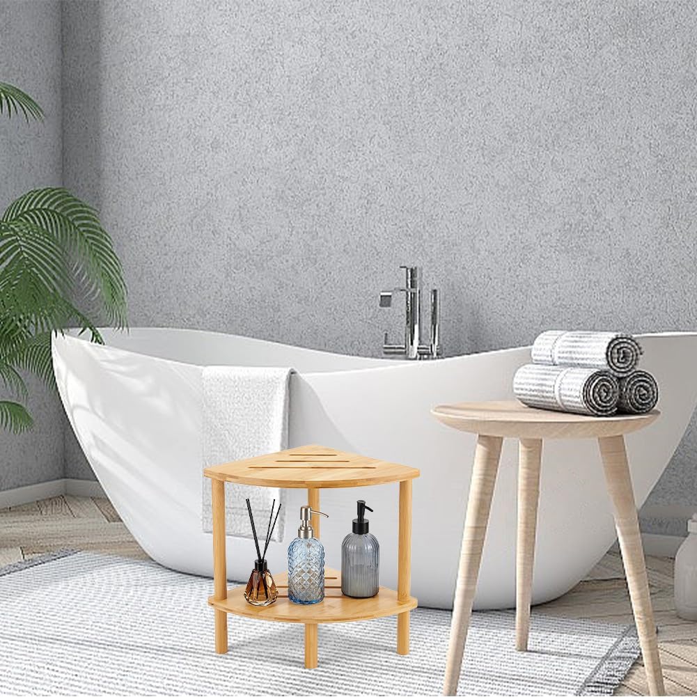 WEBEEDY Bambus Eck Dusche Hocker 2 Ebenen wasserdichte Eckdusche Bänke Stabile Fussstütze für Innere