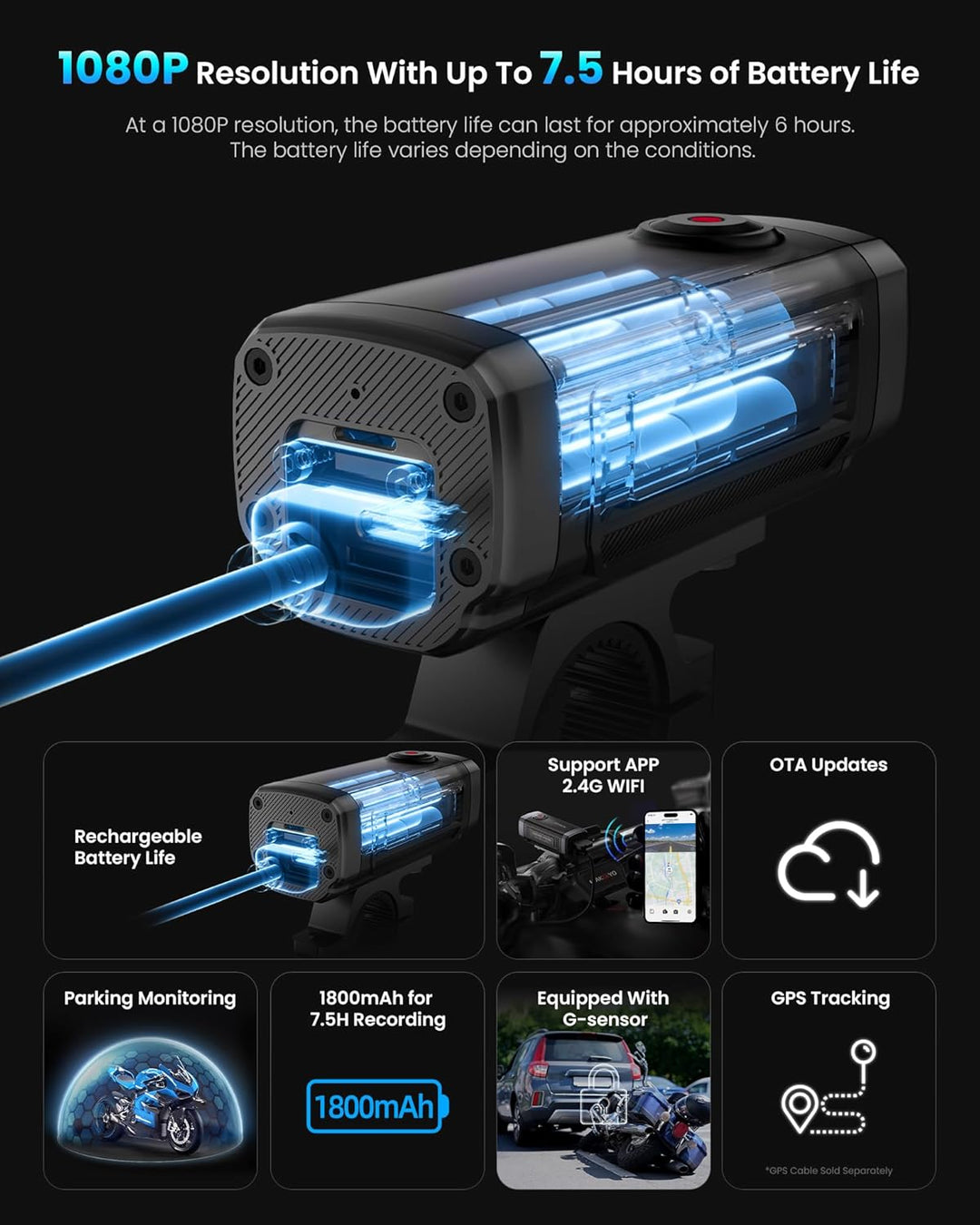 AKEEYO AKY-710Lite Motorradkamera/Fahrradkamera 2K30FPS WiFi-Actionkamera mit Ultra HD, IP66 Wasserd