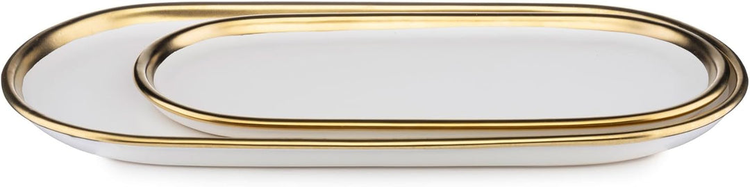 HowHomely Oval Dekotablett Lovia aus Keramik weiss 3cm x 32cm x 15,5cm