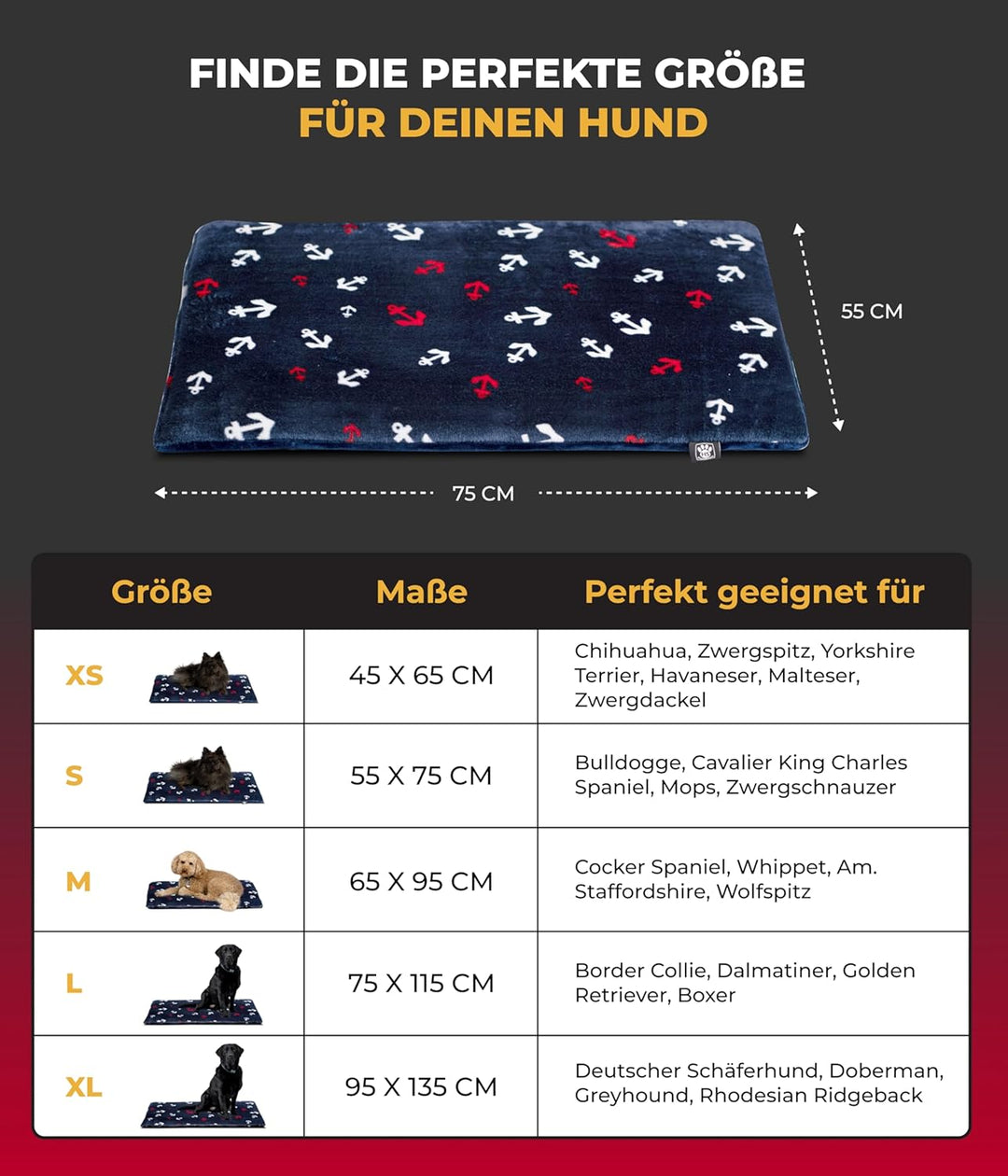 HS-Hundebett® Hundedecke S (55x75 cm) – Wendbar & gemütlich Dank 3 cm Füllung – Perfekt fürs Sofa, A