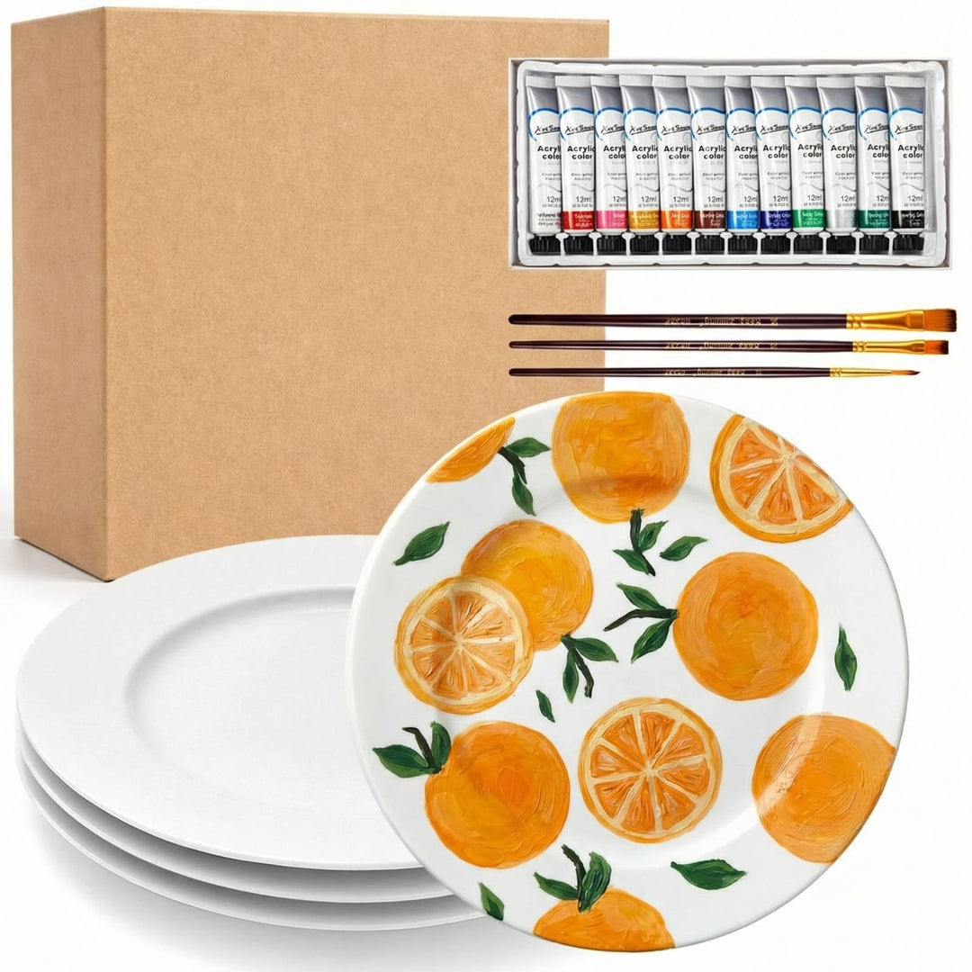 Sinmoe Keramik Bemalen Set Teller zum Bemalen Enthält 4 Porzellanteller 3 Pinsel 12 Acrylfarben 1 Ge