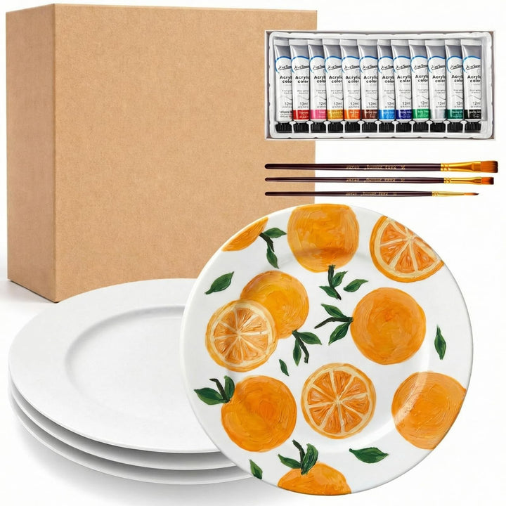Sinmoe Keramik Bemalen Set Teller zum Bemalen Enthält 4 Porzellanteller 3 Pinsel 12 Acrylfarben 1 Ge