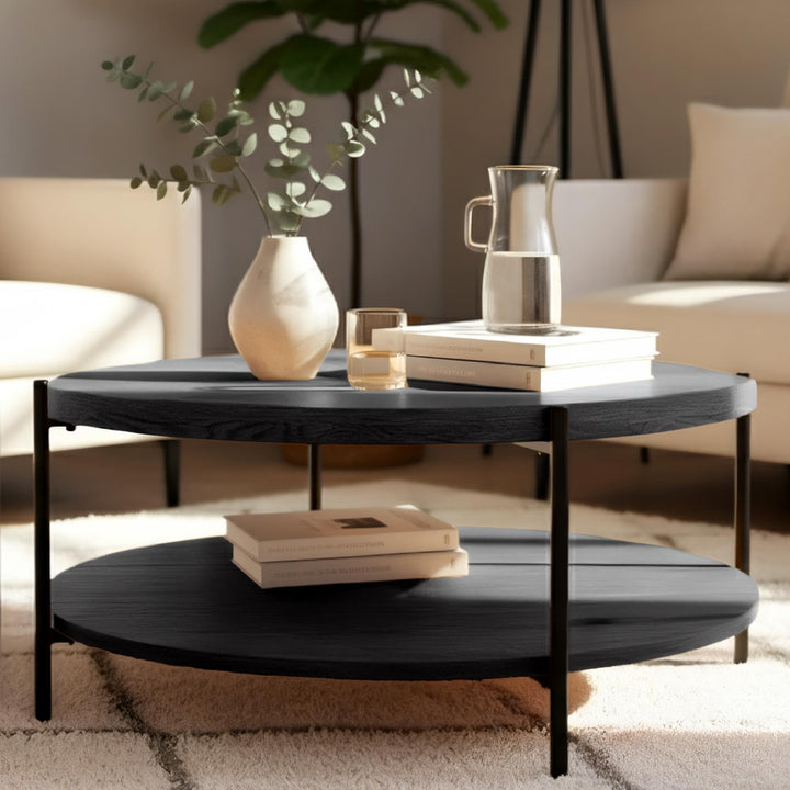 CLP Couchtisch rund Holz Edduma, Sofatisch 2 Ebenen mit Stauraum, Beistelltisch klein Metallgestell