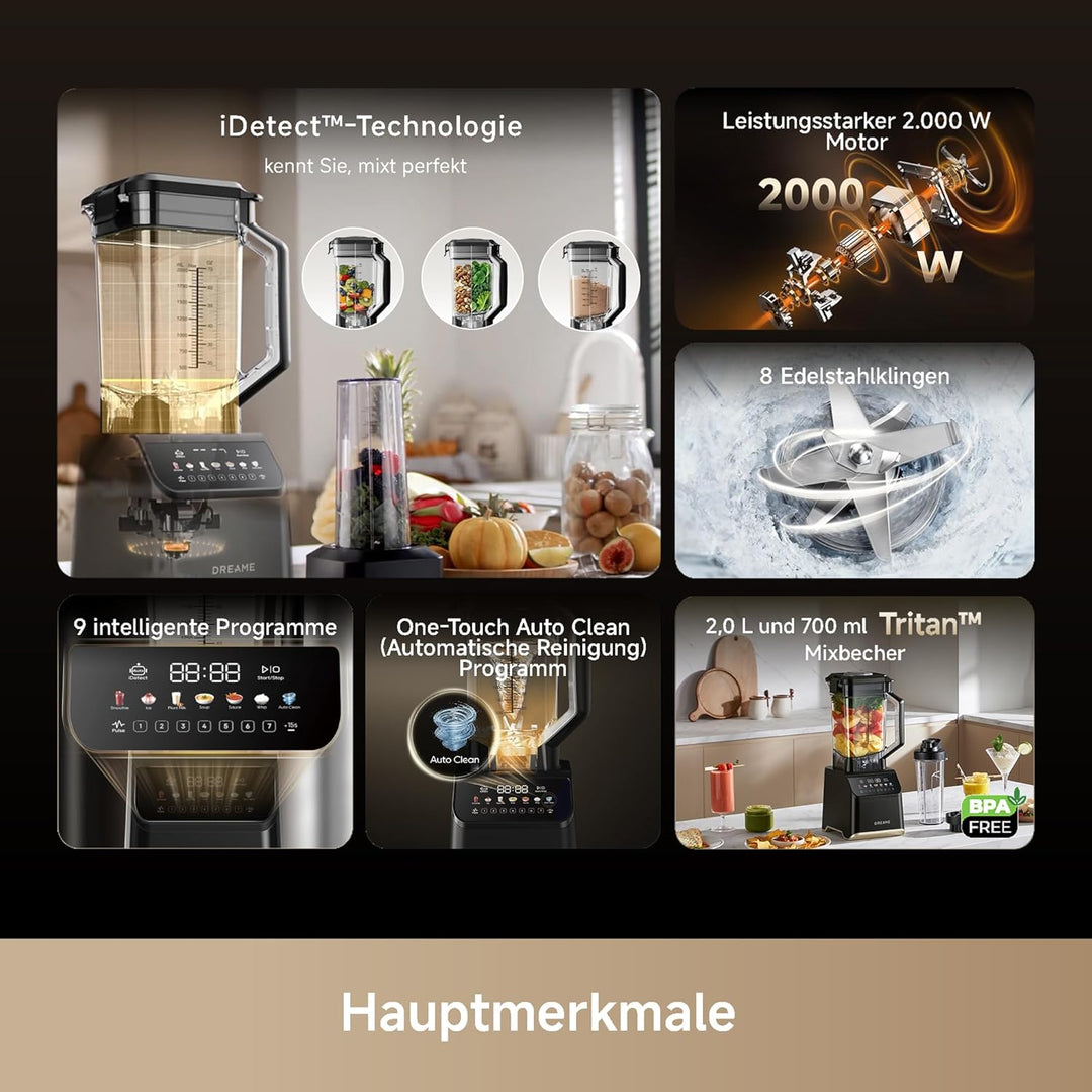 dreame BlendLogic™ Hochleistungs-Mixer, iDetect™-Technologie, 2 Tritan™ Mixbecher (2,0 L & 700 mL),