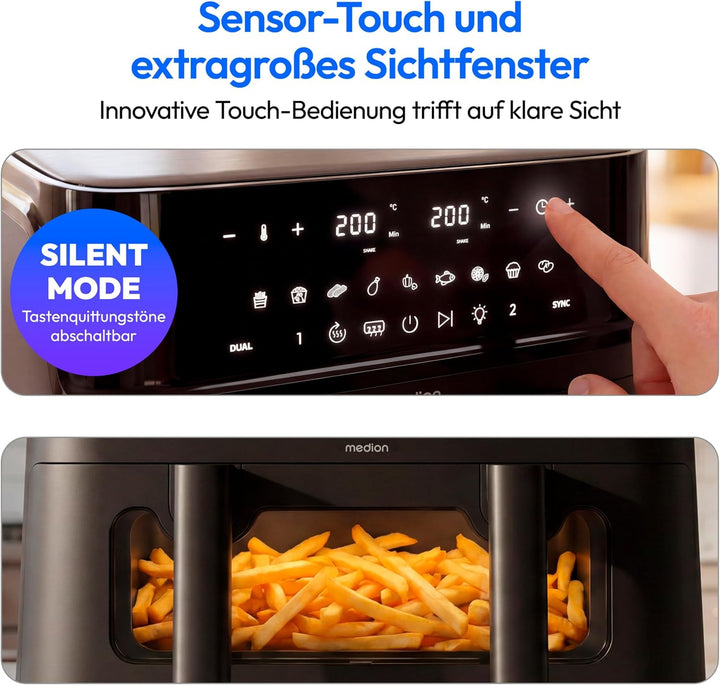 MEDION P25 XXL Flex M Airfryer Heissluftfritteuse mit 2 Kammern - schwarz | 10,8 Liter, flexible Kam
