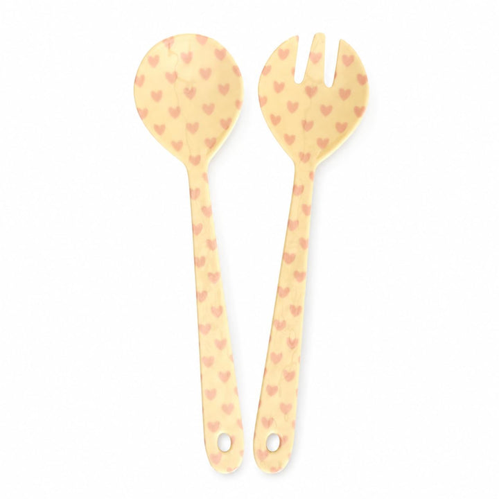 RICE Salatbesteck Melamin 2-teilig, creme rosa Herzmotiv, 29 cm | Salatlöffel &amp; Salatgabel, BPA-frei
