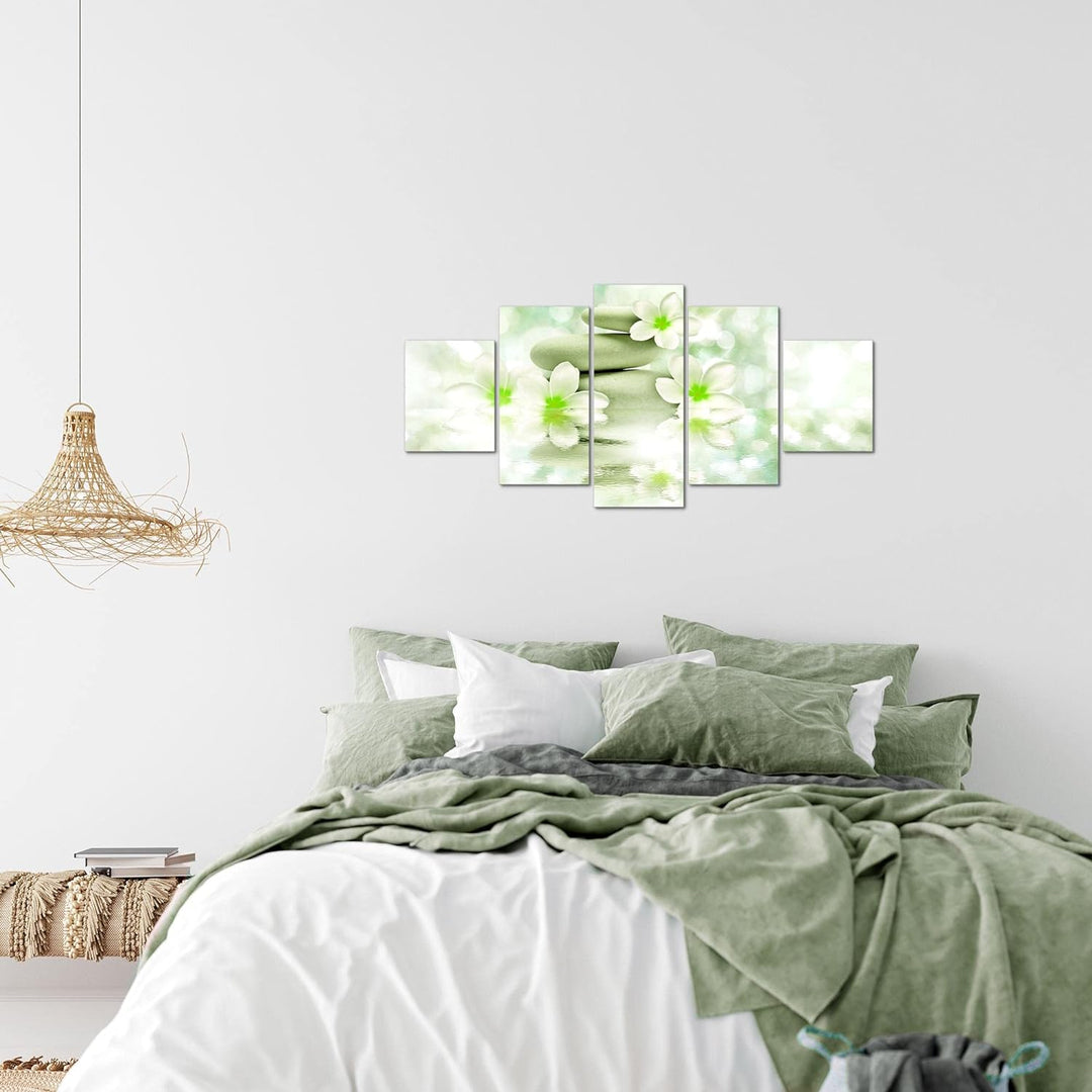 Runa Art Wandbilder Blumen Feng Shui 5 Teilig Bild auf Vlies Leinwand Deko Wohnzimmer Steine Zen Grü