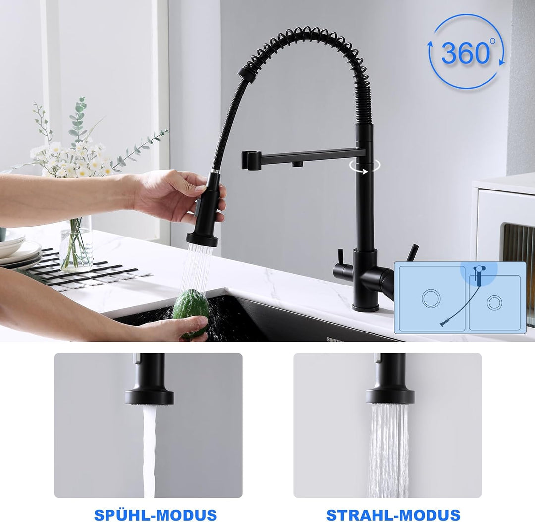 KEOKBON 3 Wege Wasserhahn Küche Schwarz mit 2 Funktion Brause, 360° Drehbar Küchenarmatur aus Messin
