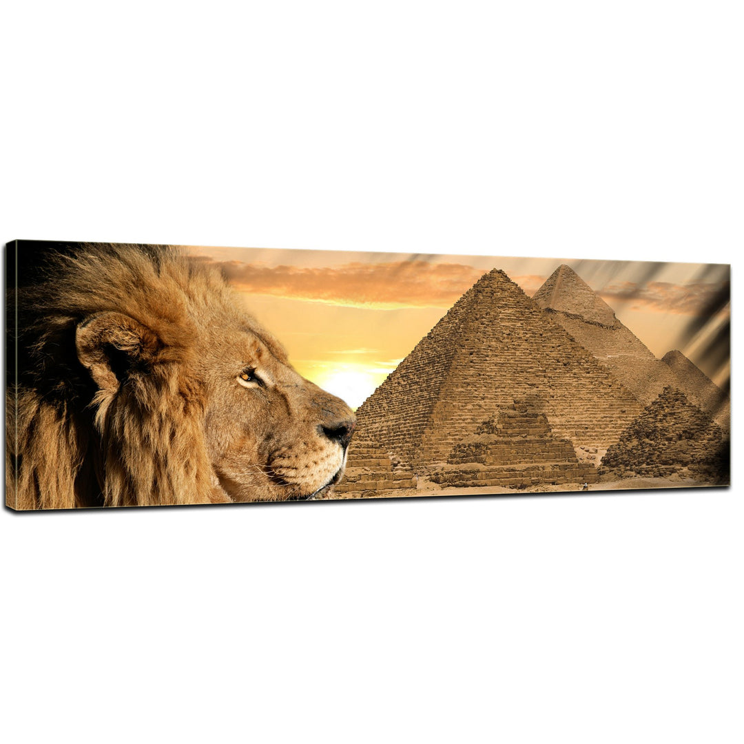 Bilderdepot24 Bild auf Leinwand | Löwe Pyramiden in 160x50 cm als Panorama Wandbild XXL | Wand-deko
