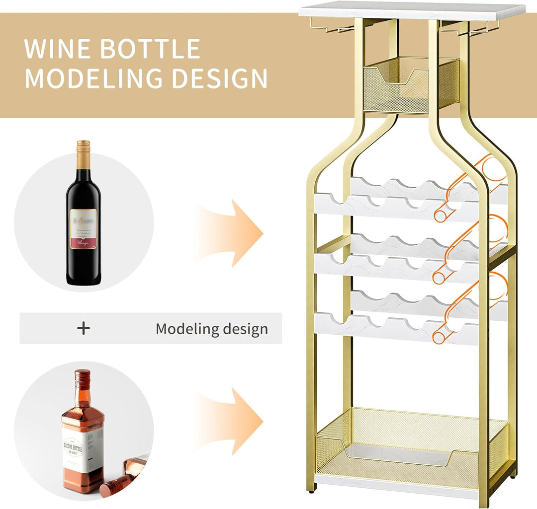 Garvee Weinregal Gold mit Glashalter, freistehendes Flaschenregal für 12 Flaschen, schmales Barregal