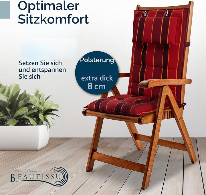 Beautissu 3er Set Premium Hochlehner Auflage Kopfpolster rutschfest robust | 120x50cm Rot gestreift