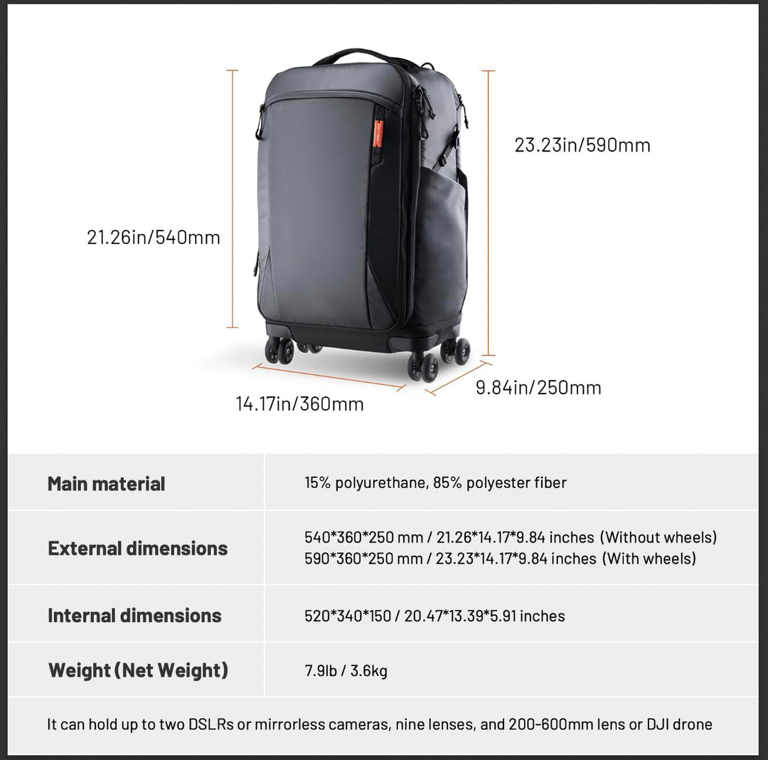 PGYTECH 2 in 1 Kamera Rucksack mit Rollen, DSLR/SLR/Spiegellose/Stativ Fotorucksack für Reisen Fotog