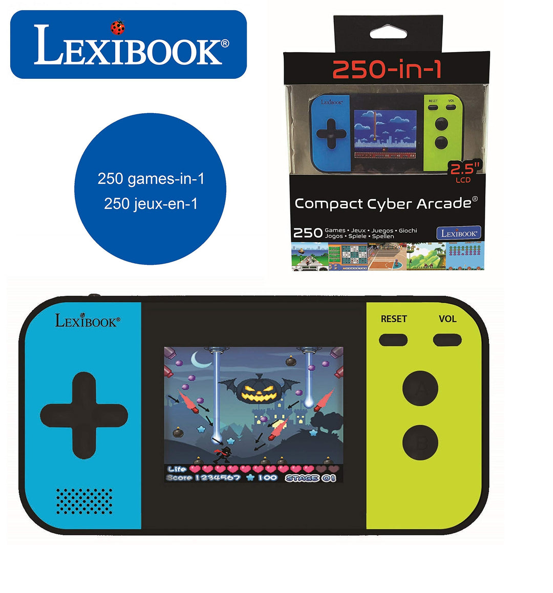 Lexibook JL2377 Compact Cyber Arcade Tragbare Spielkonsole, 250 Gaming, LCD, Batteriebetrieben, Vide