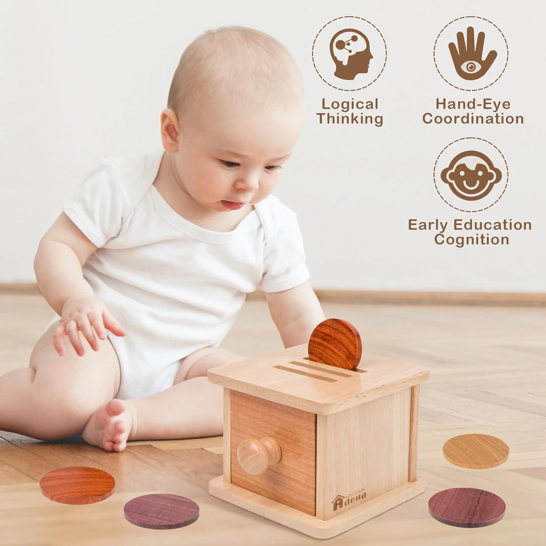 Adena Montessori Münzbox Holz für Babys – 2-in-1 Motorikspielzeug ab 6 Monate – Lernspielzeug für Fe