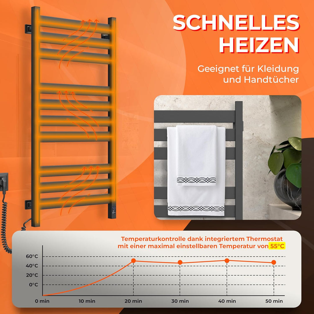 Elektrischer Handtuchhalter Black Largo 500x1000 mit Sensor Links - Modernes Design in Schwarz, Elek