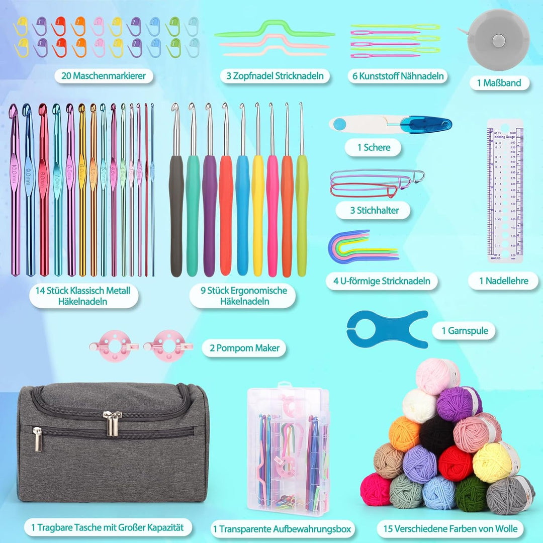 Coopay Tragbar Häkelset für Anfänger, Häkelnadel Set mit 15 Wolle, Tasche, Häkelzubehör, Ergonomisch