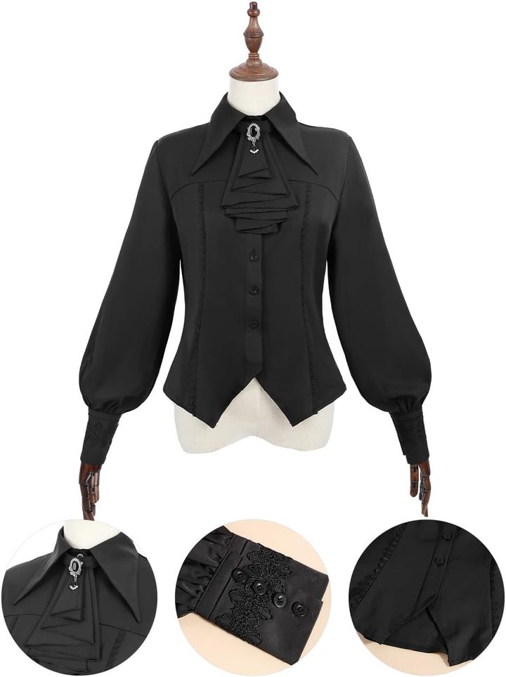 Fiamll Damen Viktorianisch Bluse Vintage Schleifenhemd Stehkragen mit Ruff Langarmshirt Mittelalter