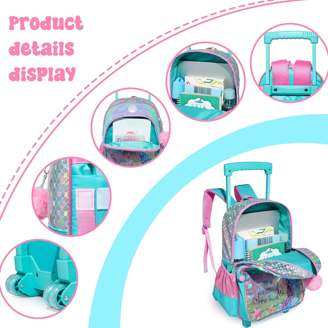 HTgroce Trolley Rucksack Mit Rollen, Federmäppchen, LunchTasche 3 in 1 Leicht Rolling Schulranzen fü