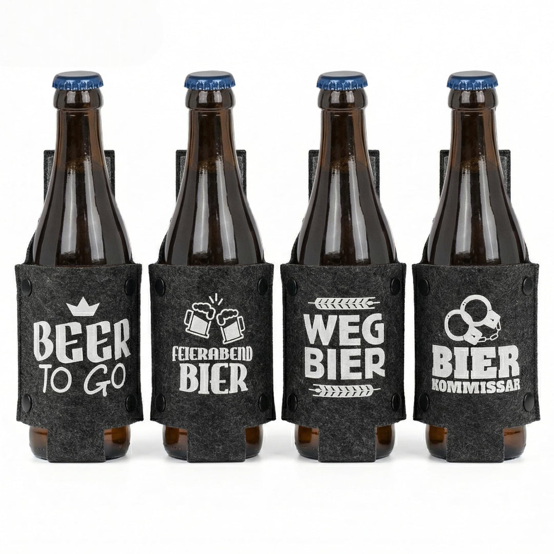 MIJOMA Bierholster 4er Set aus Filz – Bierhalter für Gürtel – tragbares Flaschenholster für unterweg