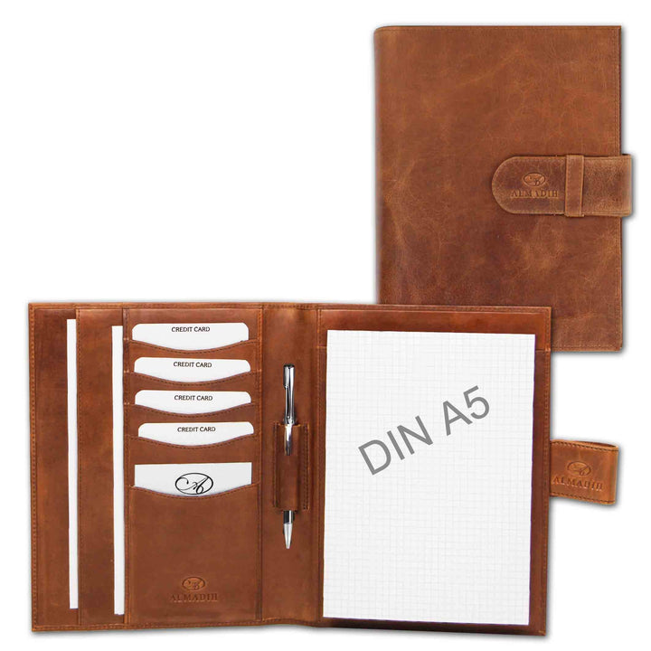ALMADIH Leder A5 Schreibmappe mit Schreibblock Premium Rindsleder Hell-braun Deluxe Ledermappe Mappe