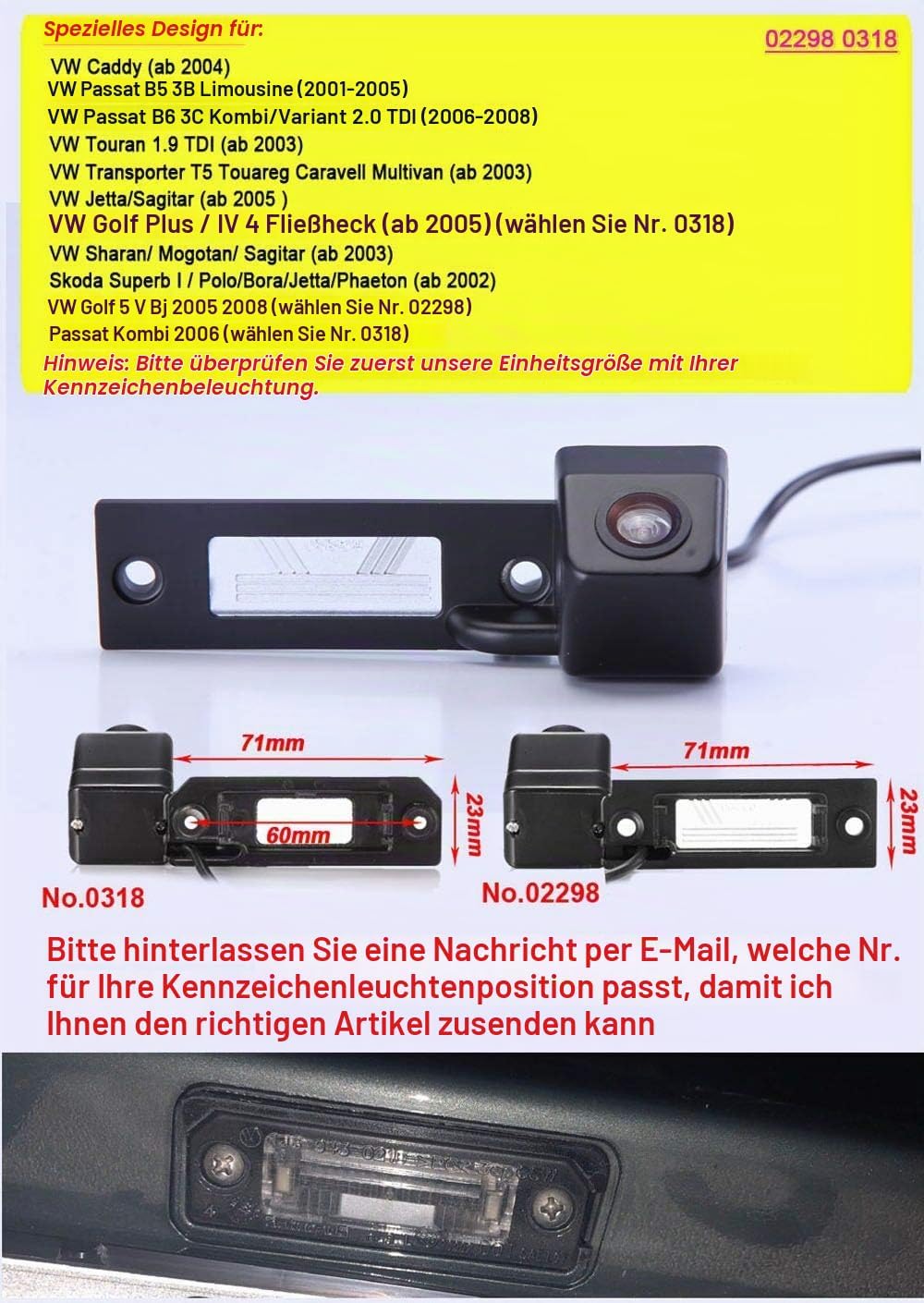 HD Auto Rückfahrkamera Einparkkamera Rückfahrsystem Einparkhilfe Kompatibel mit V W Caddy/B5 3B/B6 3