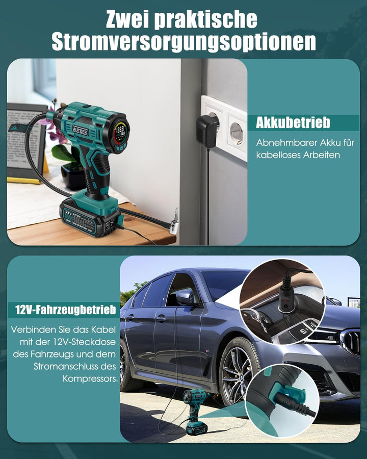 AUTDER 21V Akku Luftkompressor - 12,4 Bar/180 PSI Hochdruck Elektropumpe mit LED-Licht &amp; Kühlsystem,