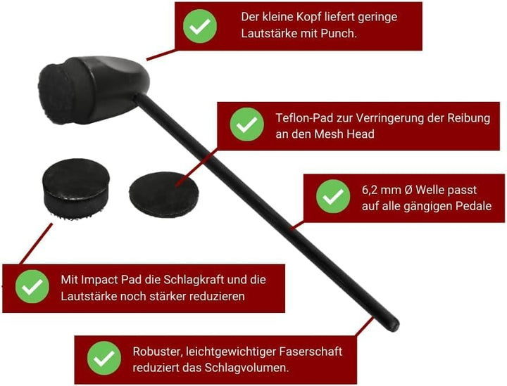 Adoro Silent Sticks & Bassdrum Beater Set - leise Drumssticks & Bass Drum Beater für Akustik Schlagz