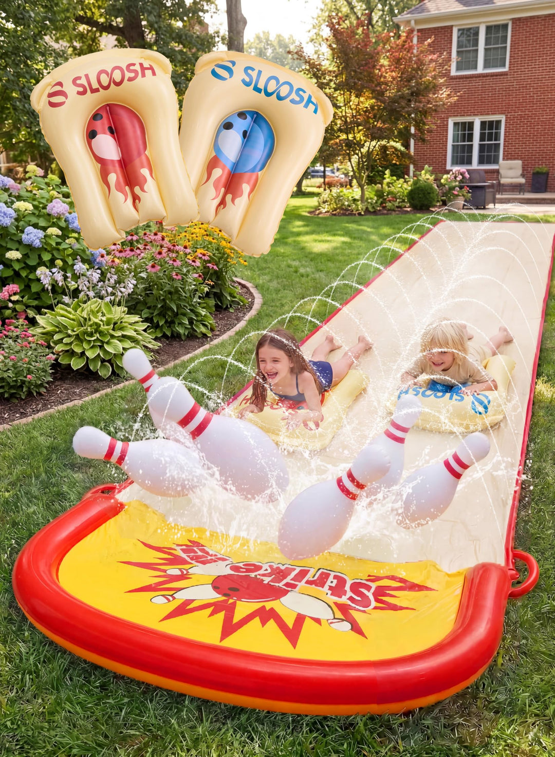 Sloosh 22ft / 6,7m Garten-Wasserrutsche mit Bowling-Set – aufblasbare Kegel & Bälle, doppelte Spur m