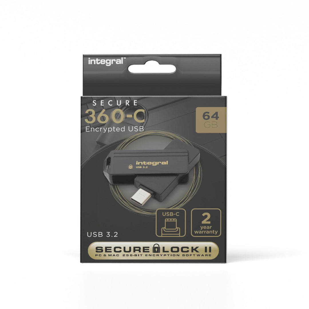 Integral Secure 360-C 64 GB Software-verschlüsselter USB-Flash-Laufwerk – USB-C-Anschluss – 256-Bit-