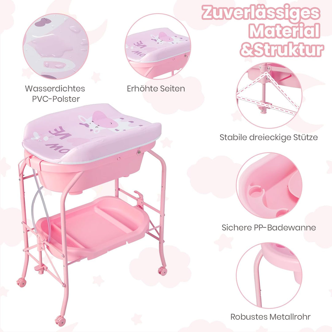 COSTWAY 4 in 1 Wickeltisch klappbar mit Badewanne, tragbare Wickelkommode mit Wickelauflage, mobile