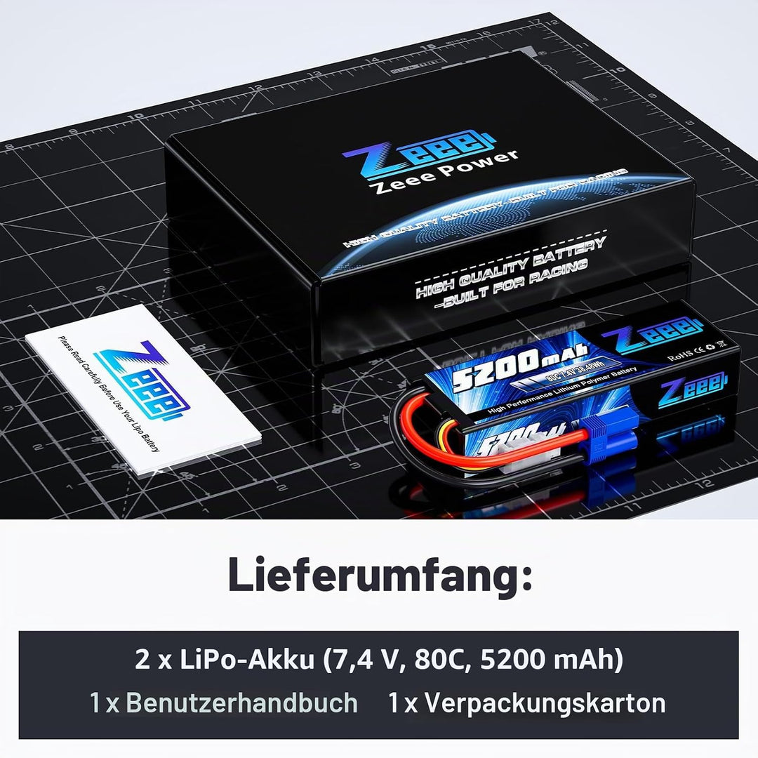 Zeee 2S Lipo Akku 5200mAh 7,4V 80C Hardcase Batterie mit EC5 Stecker für RC Evader BX Auto Car Truck