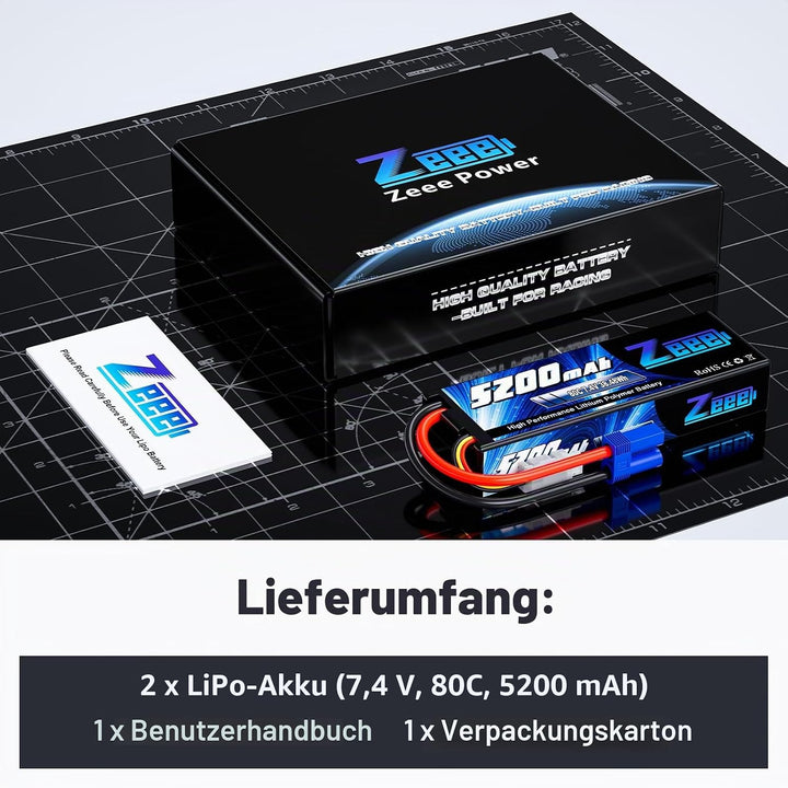 Zeee 2S Lipo Akku 5200mAh 7,4V 80C Hardcase Batterie mit EC5 Stecker für RC Evader BX Auto Car Truck