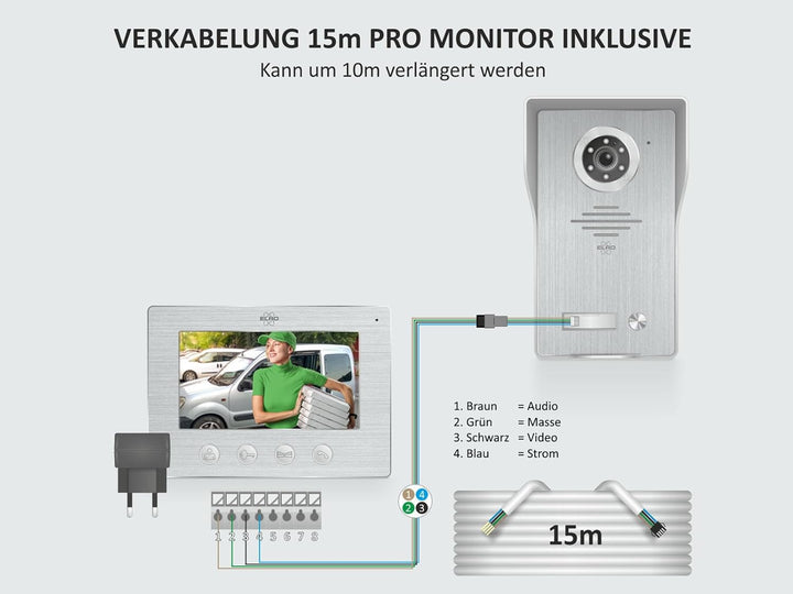 ELRO Video Türsprechanlage mit 7 Zoll Innenmonitor & Türöffner, 4-Draht Aussenstelle mit Kamera