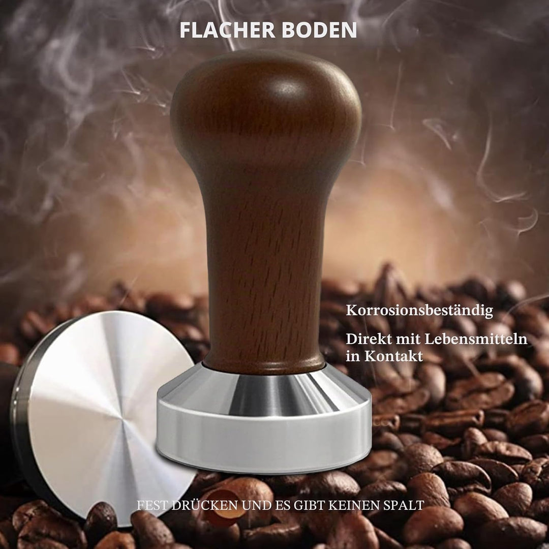 Kaffeetamper 51mm mit Echtholzgriff & Silikonmatte – Massiver Espressostempel für präzises Tamping –