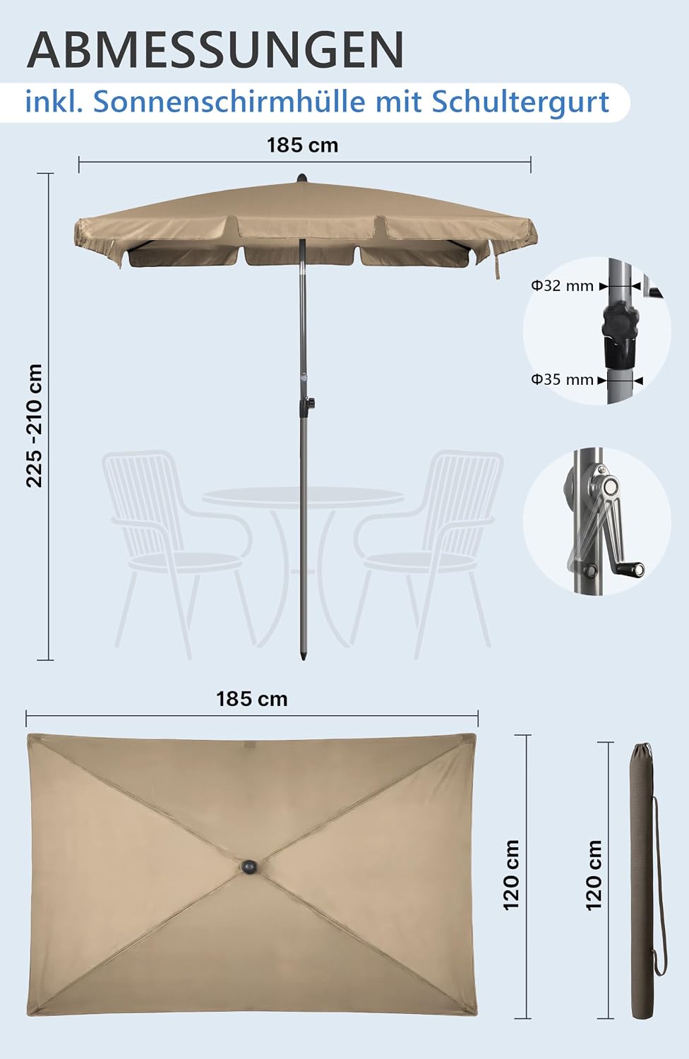 Menz Balkonschirm mit Kurbel, Sonnenschirm rechteckig 200x125 cm, Sonnenschirm Balkon, UV 50+ Sonnen