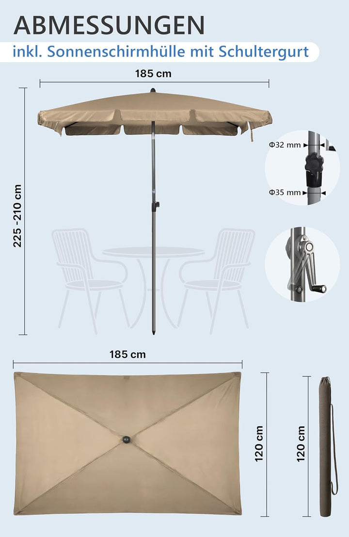Menz Balkonschirm mit Kurbel, Sonnenschirm rechteckig 200x125 cm, Sonnenschirm Balkon, UV 50+ Sonnen