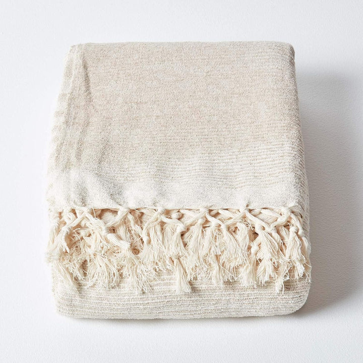 Homescapes Chenille-Tagesdecke, beige, Wohndecke 150 x 200 cm, Sofaüberwurf/Plaid aus 100% Baumwolle