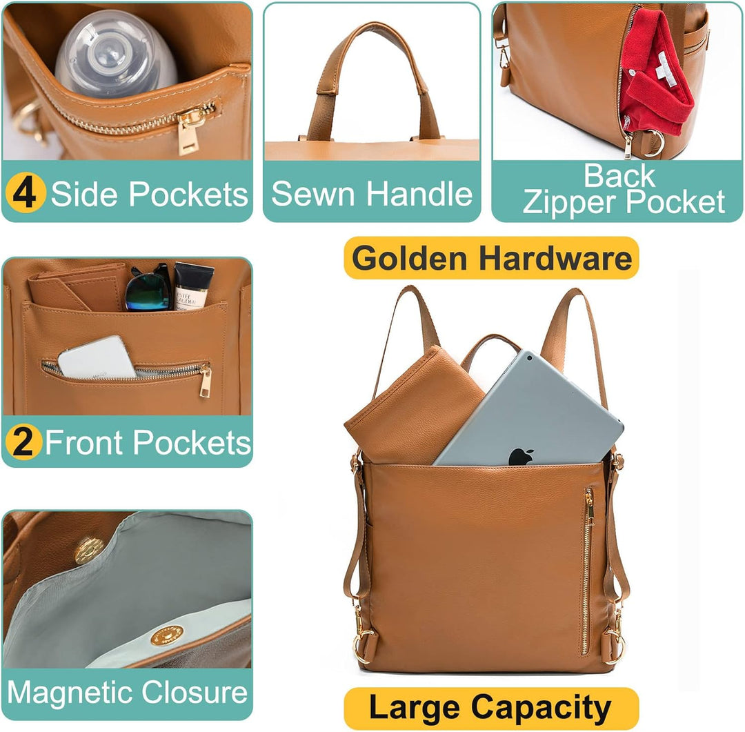 Wickeltasche aus Leder, Wickelrucksack mit Laptophülle, Wickelunterlage, Feuchttüchern, Kinderwageng